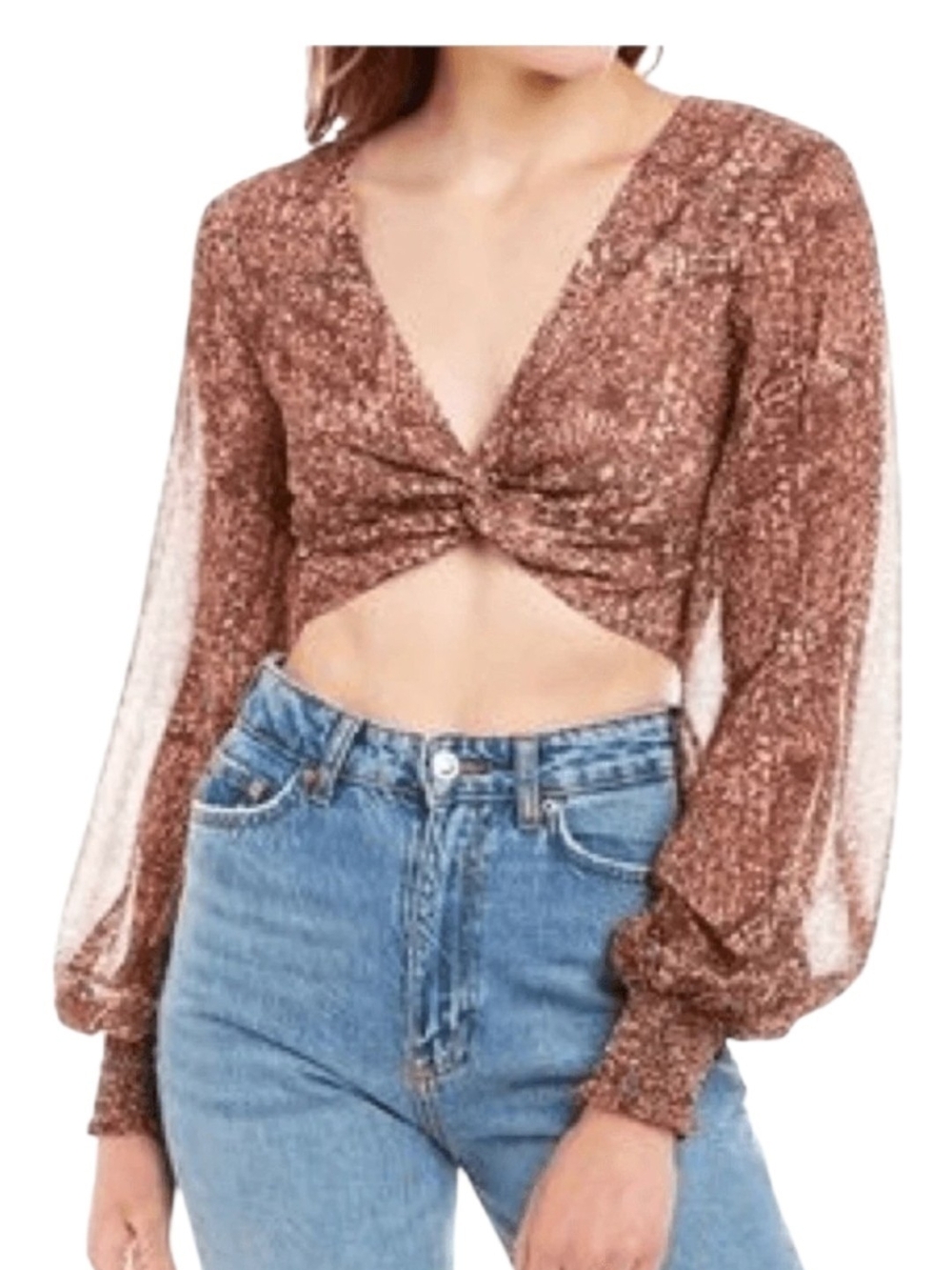 Finders Keepers Malena Twist Front Crop Top Brown Print Balloon Sleeve XL  US10